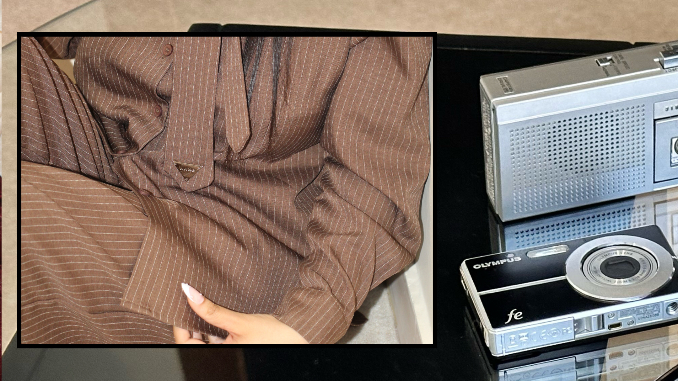 BEAIGA Tailored Pinstripe Suit with Vintage Camera Accessories