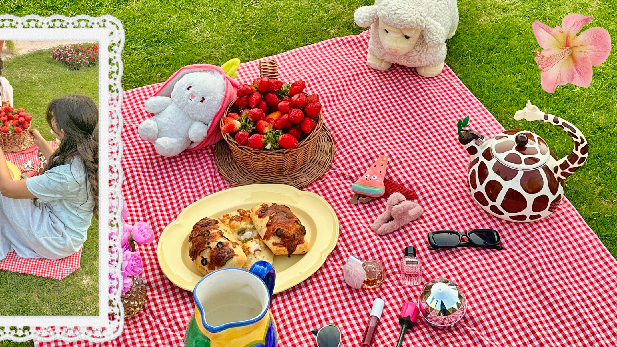 BEAIGA Gingham Picnic Setting with Artisanal Refreshments and Accessories